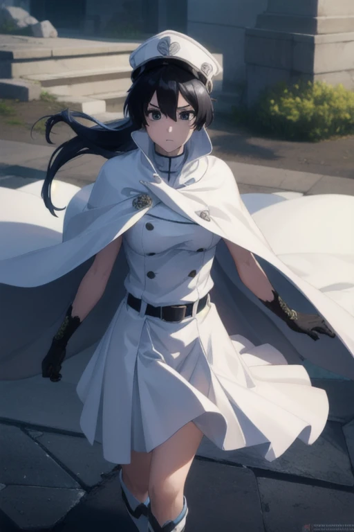 bambietta, bambietta basterbine, long hair, black hair, (black eyes:1.5), (medium breast:1.2),
BREAK skirt, gloves, boots, belt, cape, cloak, white cloak, hat, cap,
BREAK looking at viewer,
BREAK outdoors,
BREAK (masterpiece:1.2), best quality, high resolution, unity 8k wallpaper, (illustration:0.8), (beautiful detailed eyes:1.6), extremely detailed face, perfect lighting, extremely detailed CG, (perfect hands, perfect anatomy),