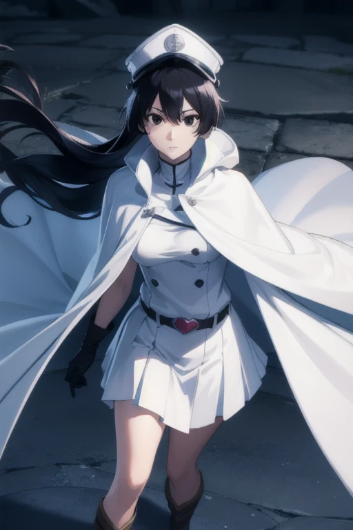 bambietta, bambietta basterbine, long hair, black hair, (black eyes:1.5), (medium breast:1.2),
BREAK skirt, gloves, boots, belt, cape, cloak, white cloak, hat, cap,
BREAK looking at viewer,
BREAK outdoors,
BREAK (masterpiece:1.2), best quality, high resolution, unity 8k wallpaper, (illustration:0.8), (beautiful detailed eyes:1.6), extremely detailed face, perfect lighting, extremely detailed CG, (perfect hands, perfect anatomy),