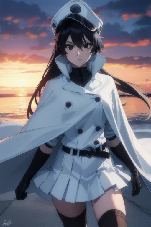 bambietta, bambietta basterbine, long hair, black hair, (black eyes:1.5), (medium breast:1.2),
BREAK skirt, gloves, boots, belt, cape, cloak, white cloak, hat, cap,
BREAK looking at viewer,
BREAK outdoors,
BREAK (masterpiece:1.2), best quality, high resolution, unity 8k wallpaper, (illustration:0.8), (beautiful detailed eyes:1.6), extremely detailed face, perfect lighting, extremely detailed CG, (perfect hands, perfect anatomy),