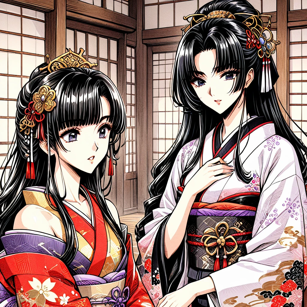 ((Highest quality)), ((masterpiece)), (detailed), (Perfect Face)、(That woman is a princess, Long black hair and a beautiful face Located in a luxurious samurai residence.、The woman is wearing a gorgeous Japanese kimono with rich embroidery., Her hair is styled in a bunkin takashimada style., It is decorated with gorgeous ornaments from the Edo period.,