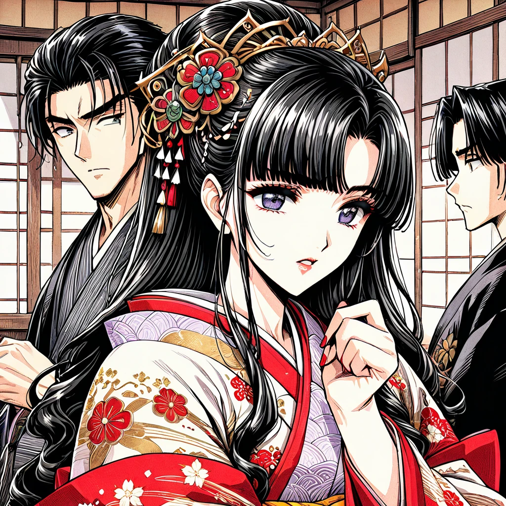 ((Highest quality)), ((masterpiece)), (detailed), (Perfect Face)、(That woman is a princess, Long black hair and a beautiful face Located in a luxurious samurai residence.、The woman is wearing a gorgeous Japanese kimono with rich embroidery., Her hair is styled in a bunkin takashimada style., It is decorated with gorgeous ornaments from the Edo period.,