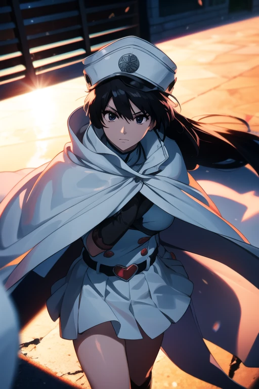 bambietta, bambietta basterbine, long hair, black hair, (black eyes:1.5), (medium breast:1.2),
BREAK skirt, gloves, boots, belt, cape, cloak, white cloak, hat, cap,
BREAK looking at viewer,
BREAK outdoors,
BREAK (masterpiece:1.2), best quality, high resolution, unity 8k wallpaper, (illustration:0.8), (beautiful detailed eyes:1.6), extremely detailed face, perfect lighting, extremely detailed CG, (perfect hands, perfect anatomy),