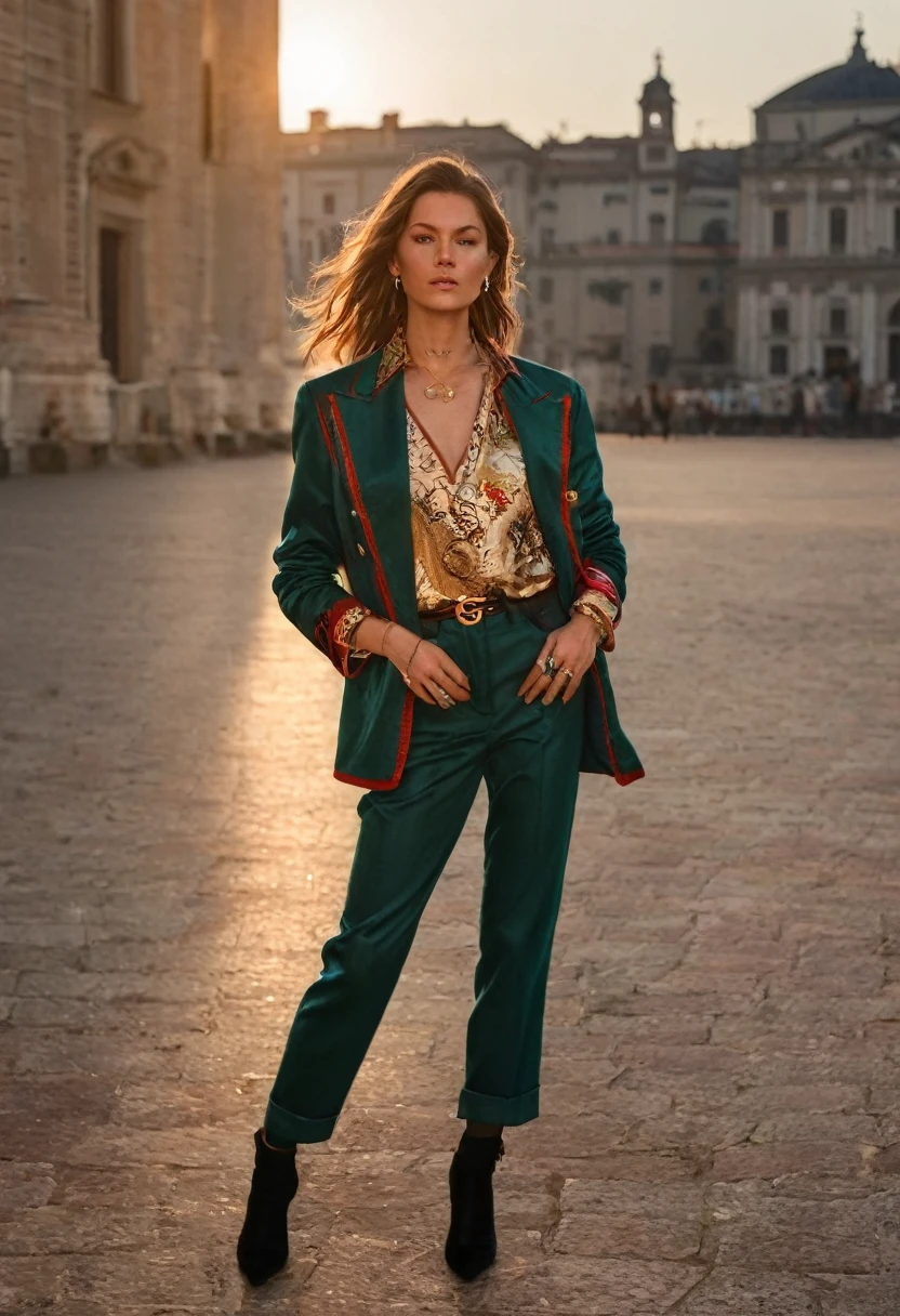 golden hour, Piazza del Popolo, back lighting, Gucci fashion shoot, looking at the camera, dynamic pose, in the style of Vogue, warm lighting