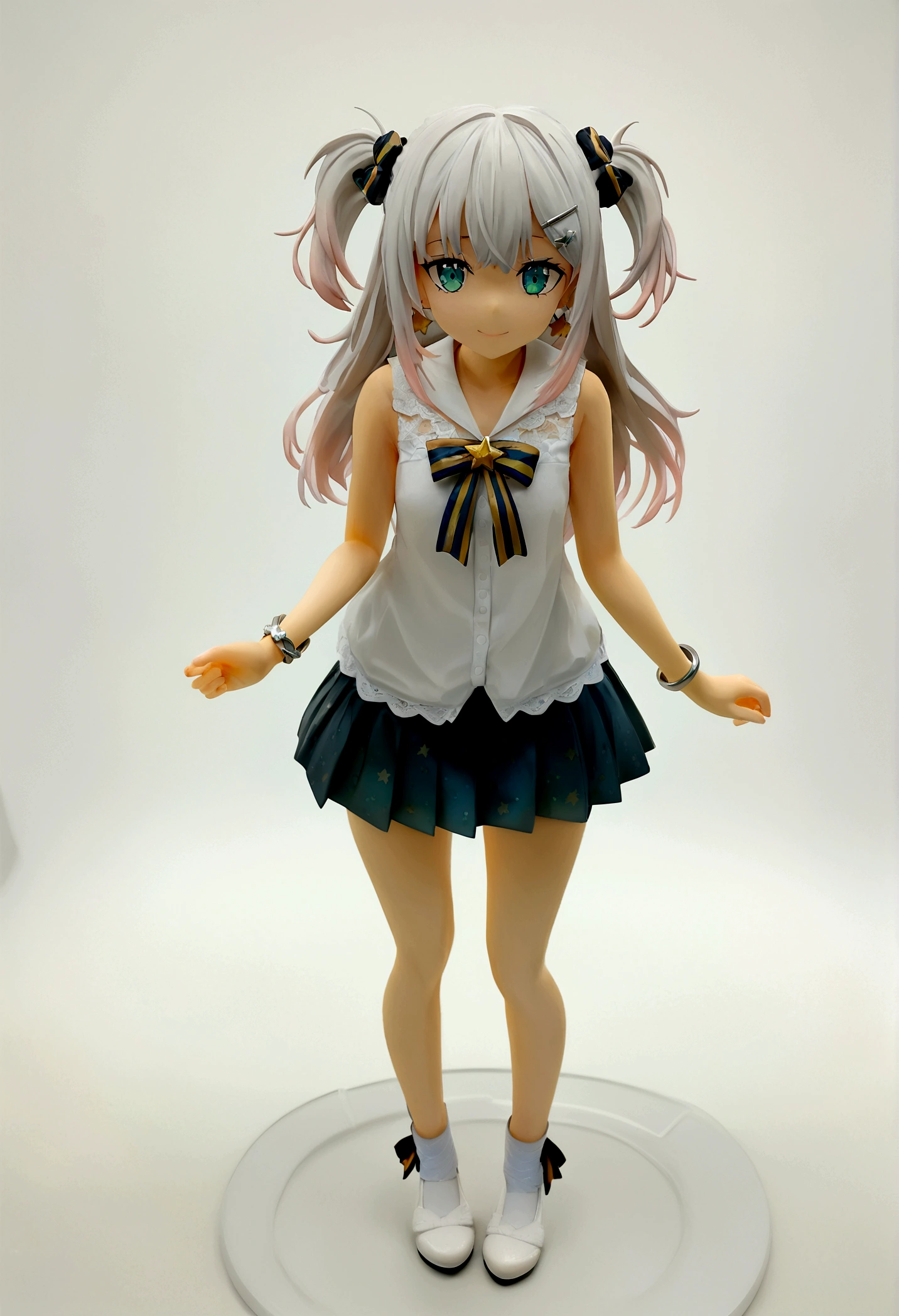 (vtubermodel:1.2) fullbody, 1girl, with silver-white hair with a faint blue sheen at the tips and deep blue eyes, smiling, (white sleeveless top with lace and a small bow:1), (light blue pleated skirt with star patterns and hints of Ruri green:1), white flat shoes with star decorations, fluffy star-shaped hair clip, silver bracelet with star charms, small star-shaped earrings, high quality, extra detailed, rendered, sharp face, symmetrical, facing viewer, A-pose, (white background:1.5), looking at viewer, elements of Ruri green subtly incorporated in the outfit
