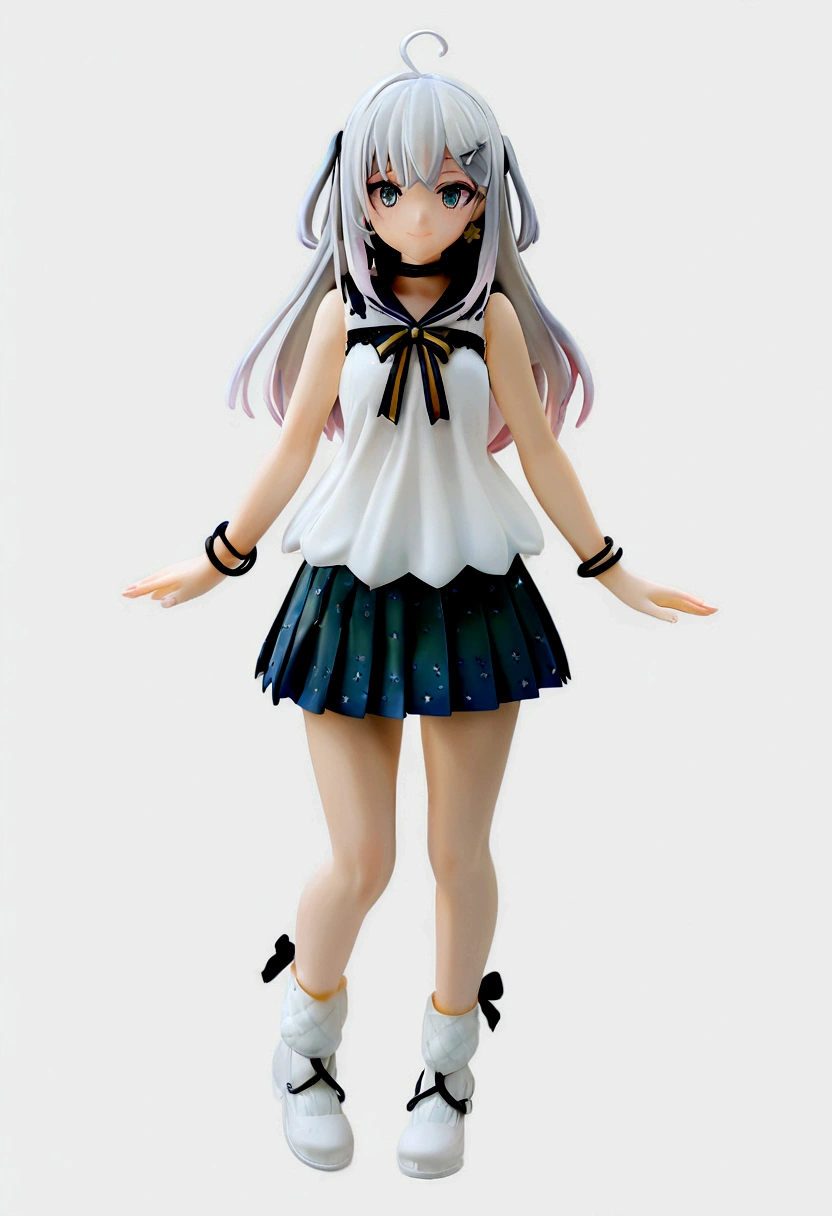 (vtubermodel:1.2) fullbody, 1girl, with silver-white hair with a faint blue sheen at the tips and deep blue eyes, smiling, (white sleeveless top with lace and a small bow:1), (light blue pleated skirt with star patterns and hints of Ruri green:1), white flat shoes with star decorations, fluffy star-shaped hair clip, silver bracelet with star charms, small star-shaped earrings, high quality, extra detailed, rendered, sharp face, symmetrical, facing viewer, A-pose, (white background:1.5), looking at viewer, elements of Ruri green subtly incorporated in the outfit
