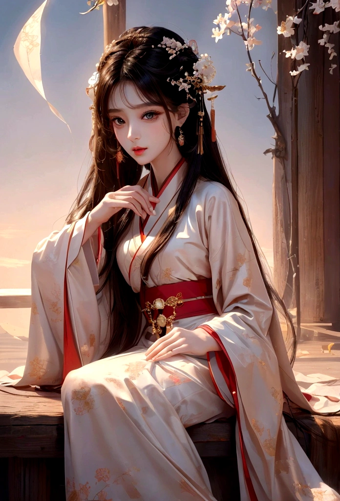 Best image quality、8K、masterpiece：1.3))、Realistic high-quality photos、Highest quality、 Beautiful face、Photos of slim models、Beautiful girl model、Young and pretty face、Beautiful model girl、A lovely and delicate face、Black Hair、Beautiful brown eyes、Young Body、Hanfu, (emphasize)、from the front、Camera gaze,、Anatomically correct