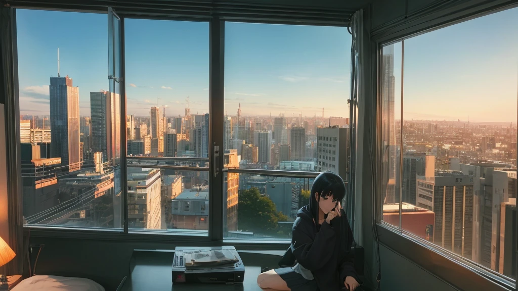 Absurd, Ultra-high resolution, (Official Art, beautifully、mysterious:1.2), Correct human body composition, Attractive body, Striking eyes, Oversized hoodie and short skirt, Shiny black hair, Larger than average bust, Girl listening to music with headphones, Looking out the window, Coffee on the desk, lo-fi girl, Makoto Shinkai and Artgelm, Anime atmosphere, Lofi Art Style, Anime style 8k, Anime Aesthetics, Lo-fi feel, Anime Art Wallpapers 8K, An atmosphere of praise, City Room, Teenage Girl's Room, A room for music lovers, city view from the window, Impressive cityscape, Bright sky