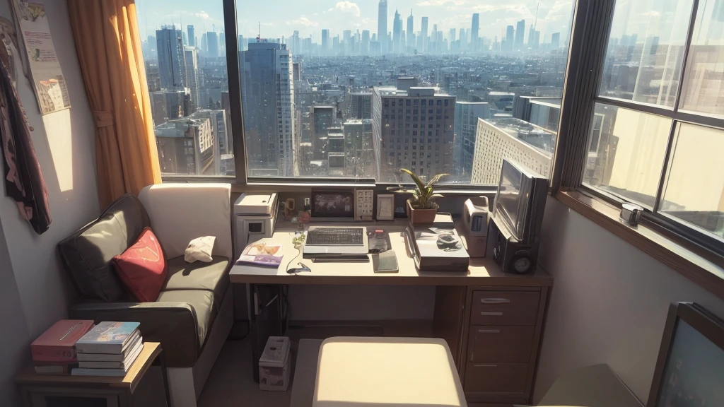 Absurd, Ultra-high resolution, (Official Art, beautifully、mysterious:1.2), Correct human body composition, Attractive body, Striking eyes, Oversized hoodie and short skirt, Shiny black hair, Larger than average bust, Girl listening to music with headphones, Looking out the window, Coffee on the desk, lo-fi girl, Makoto Shinkai and Artgelm, Anime atmosphere, Lofi Art Style, Anime style 8k, Anime Aesthetics, Lo-fi feel, Anime Art Wallpapers 8K, An atmosphere of praise, City Room, age Girl's Room, A room for music lovers, city view from the window, Impressive cityscape, Bright sky