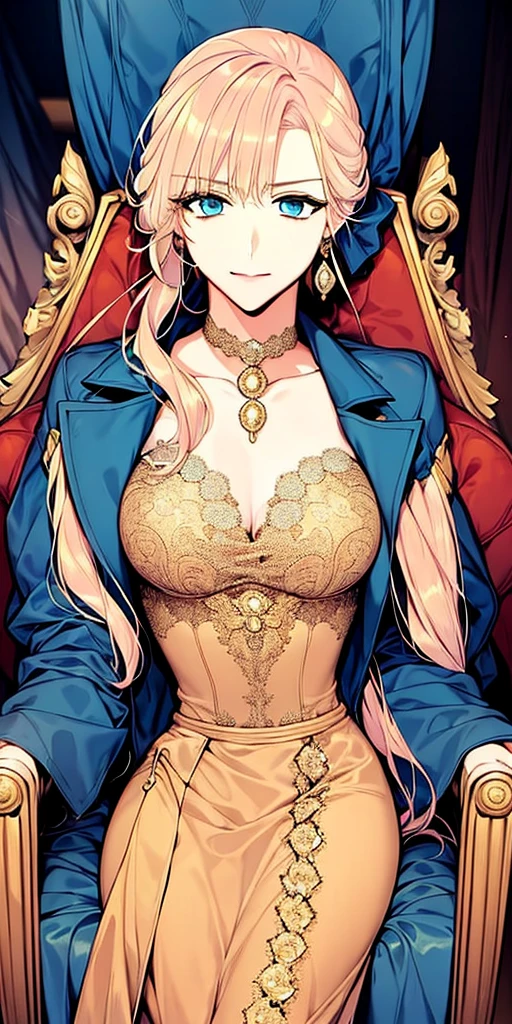 Woman in aristocratic noble dress, Blonde hair tied back, dark blue eyes, wearing gold earrings, sitting pose in a luxurious chair, luxurious room background 