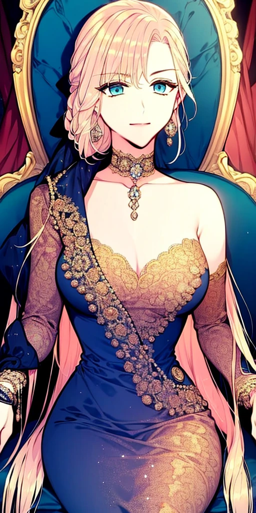 Woman in aristocratic noble dress, Blonde hair tied back, dark blue eyes, wearing gold earrings, sitting pose in a luxurious chair, luxurious room background 