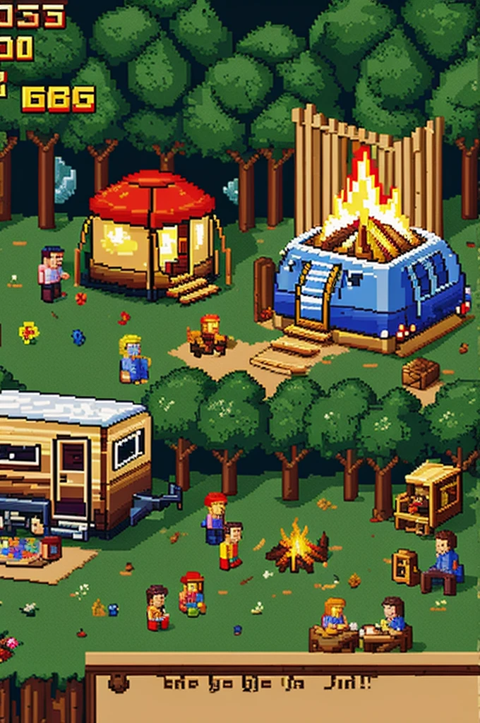Pixel art camping in the woods with caravan and campfire landscape 8 bit game AI