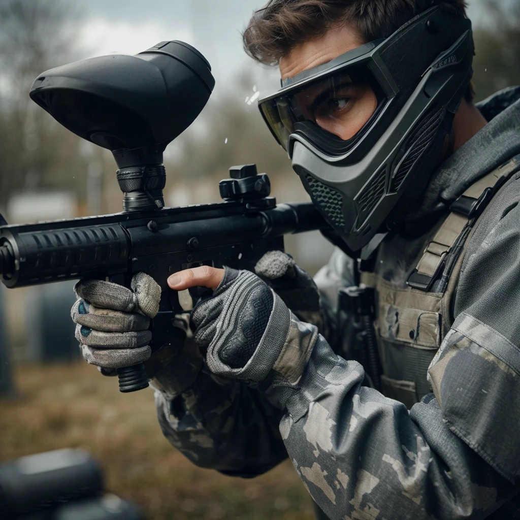 close up image, a man wearing a gray paintball uniform, wearing a goggles helmet, wearing halfface helmet, holding a paintball rifle, the man is shooting at his enemies in the paintball arena, the blurry background shows the atmosphere of a paintball arena in a field, realistic, cinematic, very detailed, very complex