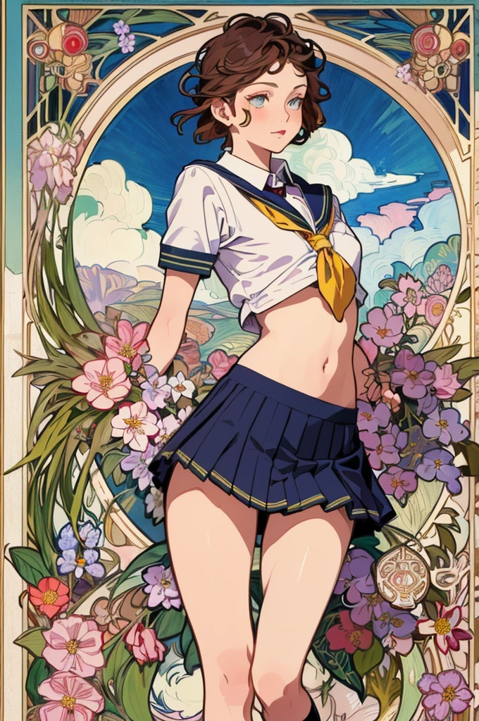 Poster,(Mucha:1.2),((Art Deco,Botanical Art,Flower Art)),(Floral:1.2),
(masterpiece, Highest quality),(Vibrant colors,colorful),(Amazing details,Detailed Background),Anatomically correct,Accurate drawing,Detail view,Sense of luxury,
girl, (Take off:1.5),
(school uniform:1.5),
Bare Belly, Tilt your hips, ,Line Anime