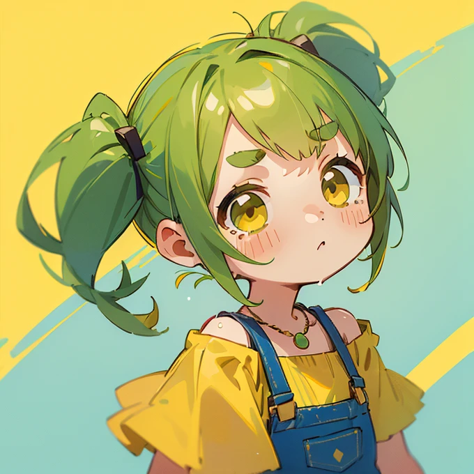 (masterpiece, Highest quality:1.2), (2 head body chibi character:1.1), Yellow-green hair, Twin tail hair, Top of the head, Yellow-green eyes, Wink, Yellow off-shoulder blouse, Denim shorts, Short bangs, Thick eyebrows, Round necklace, A gentle atmosphere, Tears flowing, View your viewers, (Photo studio with blue background:1.0)