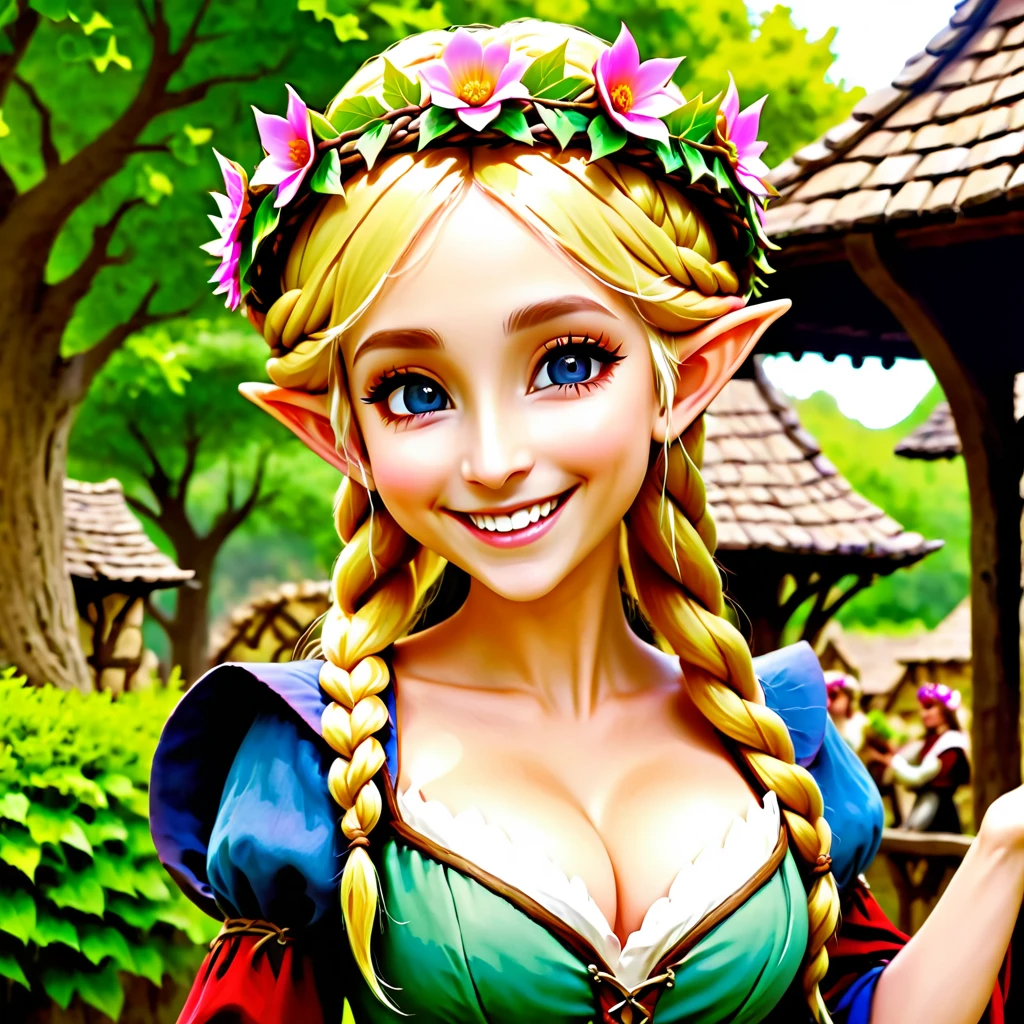 DnD artwork, work of art, ultra epic details, ultra detaild, best resolution, blonde, Braided hair, (BEAUTIFUL ELF, hole body), beautiful and rustic flower crown {olhos ultra detailds} ((rosto angelical)), sculptural body, ((wearing medieval peasant clothing)), ((perfect hands)), ((expression of happiness)), (Grinning), great smile, Simple smile, TREES,
medieval scenery, medieval tavern,