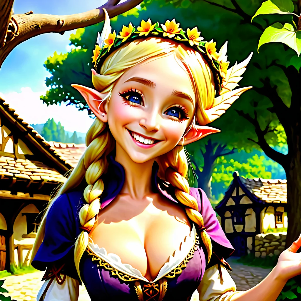 DnD artwork, work of art, ultra epic details, ultra detaild, best resolution, blonde, Braided hair, (BEAUTIFUL ELF, hole body), beautiful and rustic flower crown {olhos ultra detailds} ((rosto angelical)), sculptural body, ((wearing medieval peasant clothing)), ((perfect hands)), ((expression of happiness)), (Grinning), great smile, Simple smile, TREES,
medieval scenery, medieval tavern,