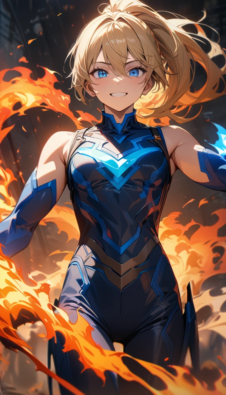 Young guy, short blonde hair, high ponytail, blue eyes, blue superhero form, sleeveless, smile, fire, fly, Human-Torch, Masterpiece, best quality, Full HD, 8k, ultra details, great graphic