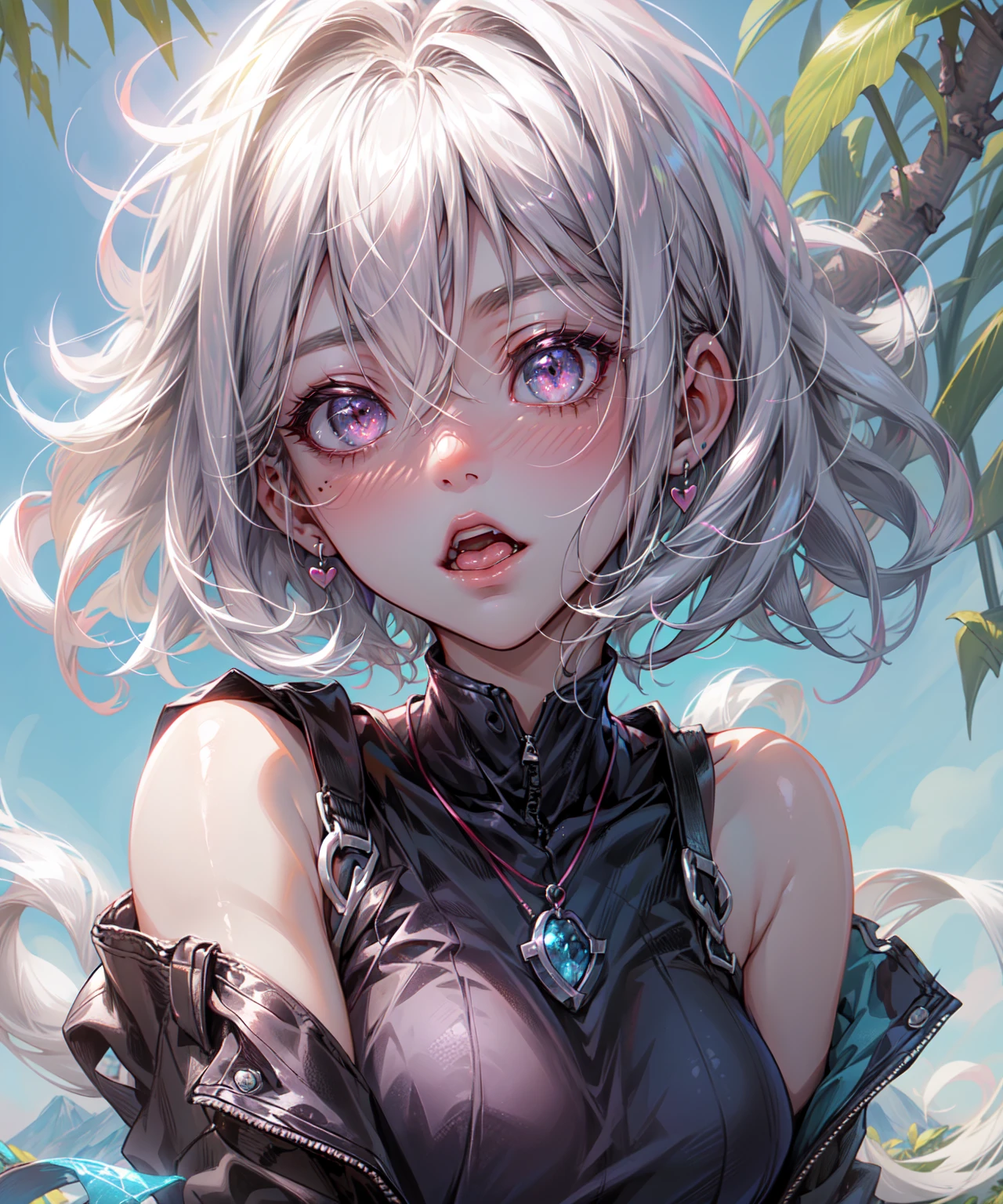 (Highest quality、High resolution、8K、masterpiece:1.2)。Look away、Open your mouth、Pink Eyes、Silver Hair、Heart shaped pupil、teeth、tongue、tongueを出す、（Original Character, (1 Girl)、Perfect Face、((short hair:1.2))、(Hair above one eye:1.3)、[[Disheveled Hair]]、Colorful Hair、Detailed eyes that shine、Light and shadow、Glowing Skin、 (Curvy but slim), ((High angle shot))、Sexy look、Use something sexy、（background：Mountain、nature）Full body、bracelet、necklace、Paris Collection Fashion、sunglasses、Follow the Silver Wolf、