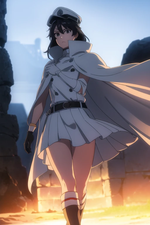 bambietta, bambietta basterbine, long hair, black hair, (black eyes:1.5), (medium breast:1.2),
BREAK skirt, gloves, boots, belt, cape, cloak, white cloak, hat, cap,
BREAK looking at viewer,
BREAK outdoors,
BREAK (masterpiece:1.2), best quality, high resolution, unity 8k wallpaper, (illustration:0.8), (beautiful detailed eyes:1.6), extremely detailed face, perfect lighting, extremely detailed CG, (perfect hands, perfect anatomy),