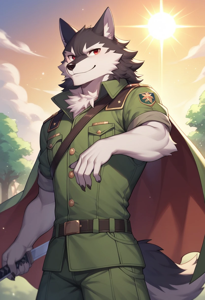 A Chico, Wolf, Green and black fur, young people, Two red eyes，There is a green ring on the hand，Cape around the neck，Wearing green combat uniform，With a long sword in hand,Wearing a green vest，The pants are dark blue shorts，Smile，in the park，Alone，The sun shines