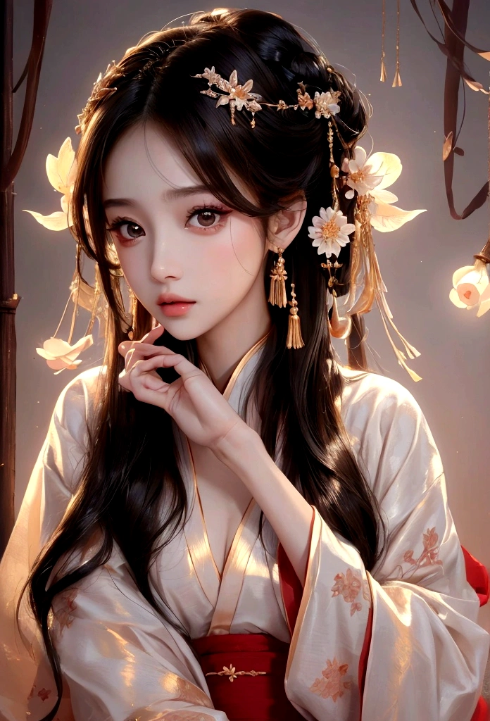 Best image quality、8K、masterpiece:1.3))、Realistic high-quality photos、Highest quality、 Beautiful face、Photos of slim models、Beautiful girl model、Young and pretty face、Beautiful model girl、A lovely and delicate face、Black Hair、Beautiful brown eyes、Young Body、Hanfu, (emphasize)、from the front、Camera gaze,、Anatomically correct