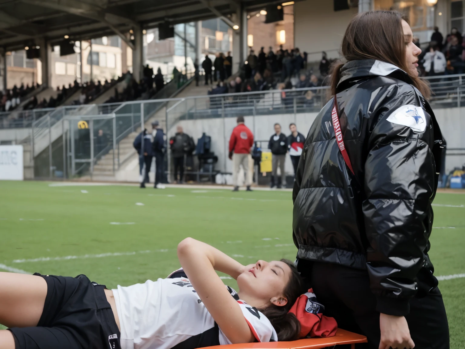 there lies a young injured athlete on a stretcher on a field after a foul, a highly attractive middle-aged woman wearing a high-gloss patent leather jacket, a long-haired middle-aged woman wears a high-gloss down jacket, A middle-aged woman in a shiny down jacket carries a stretcher on a sports field, sad scene, very sad, football hooligans, clip stadio, person in foreground, over-shoulder shot, intense scene, real shot, von Francesco Raibolini, dramatic scene, aesthetic shot, on ground, a long-shot, dramatic shot, breathtaking shot, realistic shot, candid shot