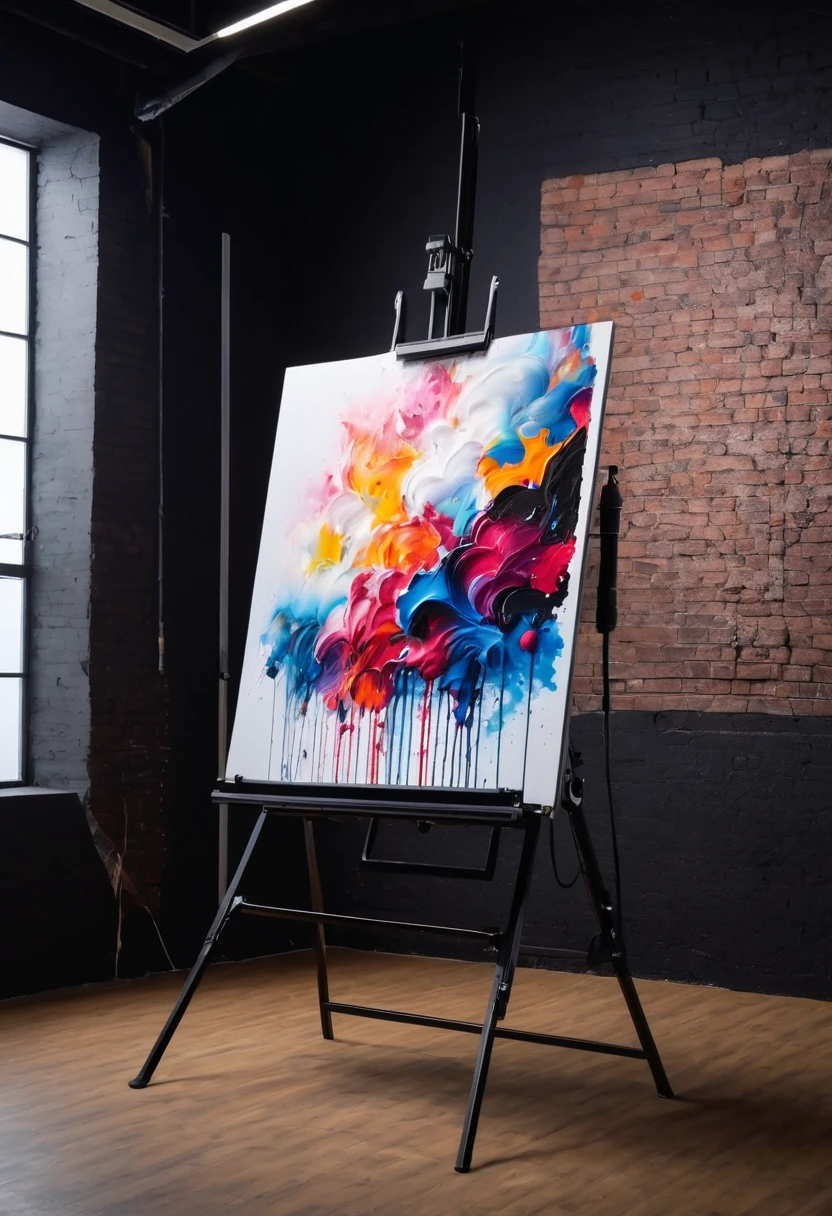 Modern graphic painting being photographed on an upright copy-stand, commercial studio, blackout, 4k advertising image.