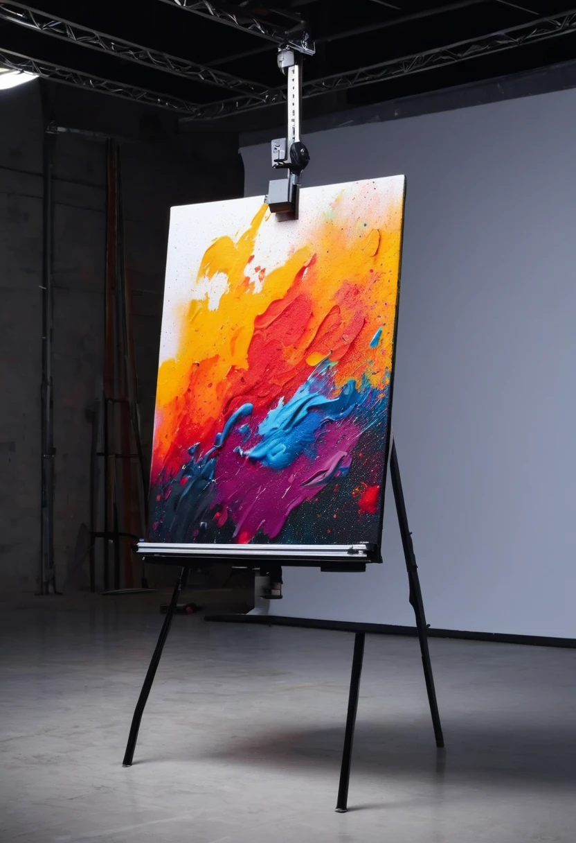 Modern graphic painting being photographed on an upright copy-stand, commercial studio, blackout, 4k advertising image.