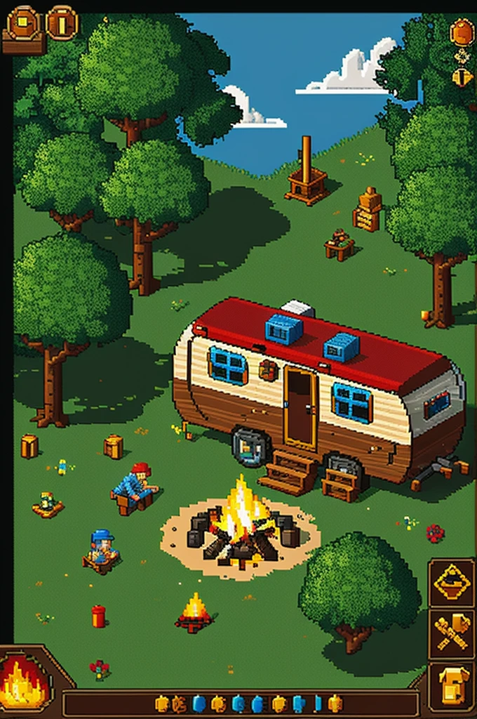 Pixel art camping in the woods with caravan and campfire landscape 8 bit game AI