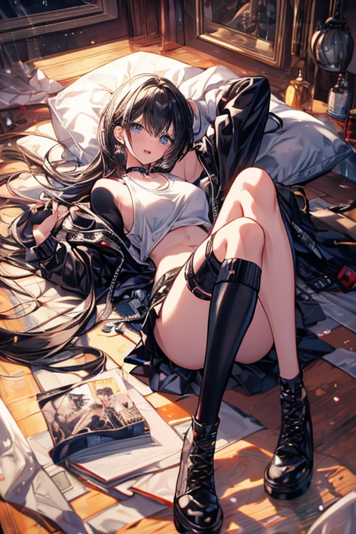 (masterpiece:1.2), (Military uniform magazine cover:1.4),best quality,PIXIV,Sweet girl , sexy posture,1girl, (perky chest:1.2), rolling upskirt by wind:1.6, (with sparkling eyes and a contagious smile),open mouth, (pointed chest:1.2),fishnets, black hair, boots, long hair, black nails, skirt, shirt, solo, black footwear, bag, black skirt, jewelry, jacket, on head, black jacket, thigh strap, bangs, necktie, earrings, nail polish, multicolored hair, looking at viewer, full body, bottle, own hands together, belt, jacket on shoulders, food, cats on head, black necktie, ring, choker, english text, collared shirt, blue eyes, platform boots, hat, lace-up boots ,masterpiece、highest quality、Very detailed、An illustration、Beautiful fine details、One Girl、cute、Detailed landscape、Training Room Background:1.4、Platinum Blonde Hair、Braided Ponytail、Red camisole、((D cup breasts, Tank top showing underboob:1.3))