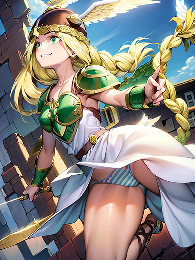 masterpiece,best quality, 1girl, 18yo, beautiful girl,BREAK,(Armor:1.8),(Helmet with wings:1.7),(Beautiful blonde,braid,Green Eyes:1.5),BREAK,(White Dress,Blue and white striped panties:1.4),BREAK,(smirk:1.3), (blue sky:1.2),(Running on clouds:1.3),(move chart:1.3),