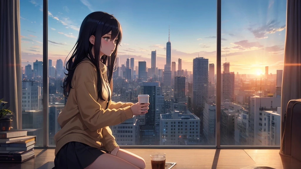 Absurd, Ultra-high resolution, (Official Art, beautifully、mysterious:1.2), Correct human body composition, Striking eyes, Oversized hoodie and short skirt, Shiny black hair, Larger than average bust, Girl listening to music with headphones, Looking out the window, Coffee on the desk, lo-fi girl, Makoto Shinkai and Artgelm, Anime atmosphere, Lofi Art Style, Anime style 8k, Anime Aesthetics, Lo-fi feel, Anime Art Wallpapers 8K, An atmosphere of praise, City Room, Teenage Girl's Room, A room for music lovers, city view from the window, Impressive cityscape, Bright sky