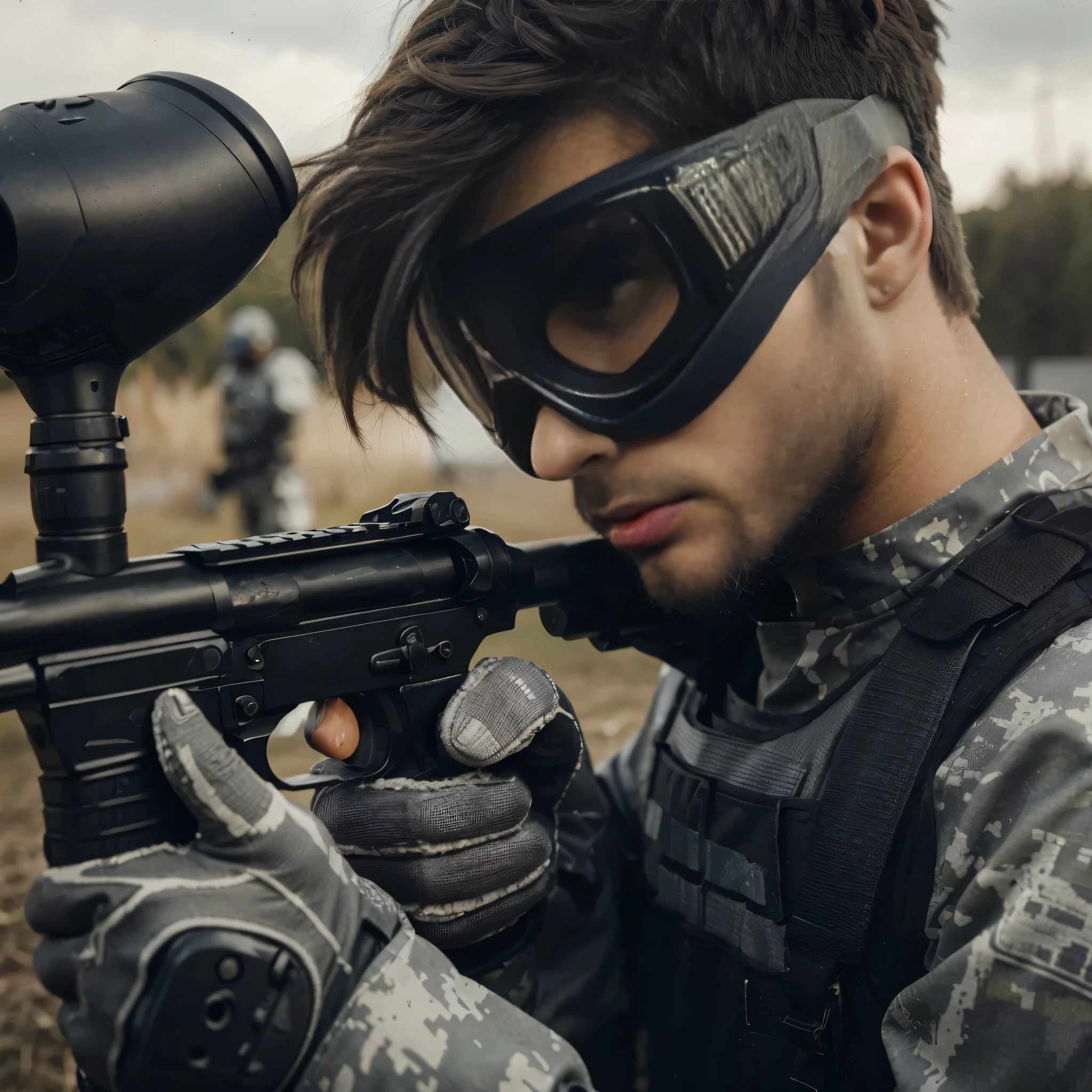 close up image, a man sidebangs hair, wearing a gray paintball uniform, wearing a goggles helmet, wearing halfface helmet, holding a paintball rifle, the man is shooting at his enemies in the paintball arena, the blurry background shows the atmosphere of a paintball arena in a field, realistic, cinematic, very detailed, very complex