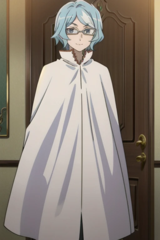 tall body, tall, long legs, mature female, mature, adult, eft_danmachi_blue, glasses, 1girl, female focus, solo, looking at viewer, blue hair, blue eyes, grey hair, parody, short hair, white cape, closed mouth, expressionless, anime coloring, smile,