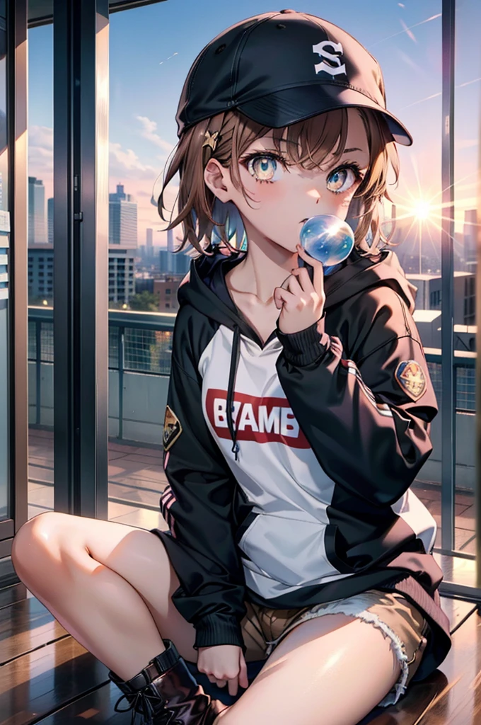 Mycotrose, Brown eyes,Brown Hair,short hair,Small breasts,Oversized black hoodie,Baseball cap,Shorts,boots,His hands are in his hoodie pockets,Blowing bubble gum,Sitting on the stairs,evening,Sunset,The sun is setting,whole bodyがイラストに入るように,　　　　　　　　　　　　　　　　　 　　　break looking at viewer, whole body,　　　 　　　　　　break outdoors, construction area,　　　　　　　　　　　　　　　　　　break (masterpiece:1.2), Highest quality, High resolution, unity 8k wallpaper, (shape:0.8), (Beautiful and beautiful eyes:1.6), Highly detailed face, Perfect lighting, Extremely detailed CG, (Perfect hands, Perfect Anatomy),