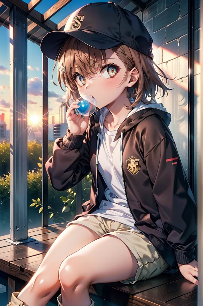 Mycotrose, Brown eyes,Brown Hair,short hair,Small breasts,Oversized black hoodie,Baseball cap,Shorts,boots,His hands are in his hoodie pockets,Blowing bubble gum,Sitting on the stairs,evening,Sunset,The sun is setting,whole bodyがイラストに入るように,　　　　　　　　　　　　　　　　　 　　　break looking at viewer, whole body,　　　 　　　　　　break outdoors, construction area,　　　　　　　　　　　　　　　　　　break (masterpiece:1.2), Highest quality, High resolution, unity 8k wallpaper, (shape:0.8), (Beautiful and beautiful eyes:1.6), Highly detailed face, Perfect lighting, Extremely detailed CG, (Perfect hands, Perfect Anatomy),