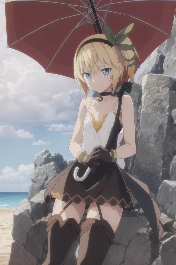 ((masterpiece)),((Highest quality)),Very detailed,Raising awareness,Explicit,beautiful body,beautiful Nose,beautiful character design,Perfect Eyes,Perfect Face,wallpaper,Ultra-high resolution,4K,photograph,(beautiful,Small breasts:1.2),(beautiful顔:1.2),beautiful足,Perfect Legs,Shiny skin,Official Style,Browsing Caution,Official Art,Create a screen capture,Anime Coloring,
One Girl,alone,umbrella,blonde,short hair,choker,Side Ponytail,ribbon,blue eyes,black choker,gloves,leg ribbon,片手gloves,hair band,whole body,hair ribbon,dress,View your viewers,tress ribbon,boots,Are standing,white dress,skirt,clavicle,Beach,Outdoor,Day,