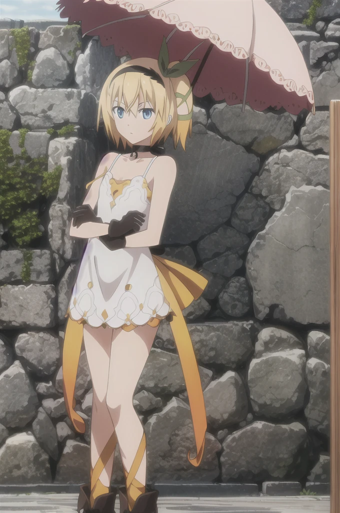 ((masterpiece)),((Highest quality)),Very detailed,Raising awareness,Explicit,beautiful body,beautiful Nose,beautiful character design,Perfect Eyes,Perfect Face,wallpaper,Ultra-high resolution,4K,photograph,(beautiful,Small breasts:1.2),(beautiful顔:1.2),beautiful足,Perfect Legs,Shiny skin,Official Style,Browsing Caution,Official Art,Create a screen capture,Anime Coloring,
One Girl,alone,umbrella,blonde,short hair,choker,Side Ponytail,ribbon,blue eyes,black choker,gloves,leg ribbon,片手gloves,hair band,whole body,hair ribbon,dress,View your viewers,tress ribbon,boots,Are standing,white dress,skirt,clavicle,Beach,Outdoor,Day,