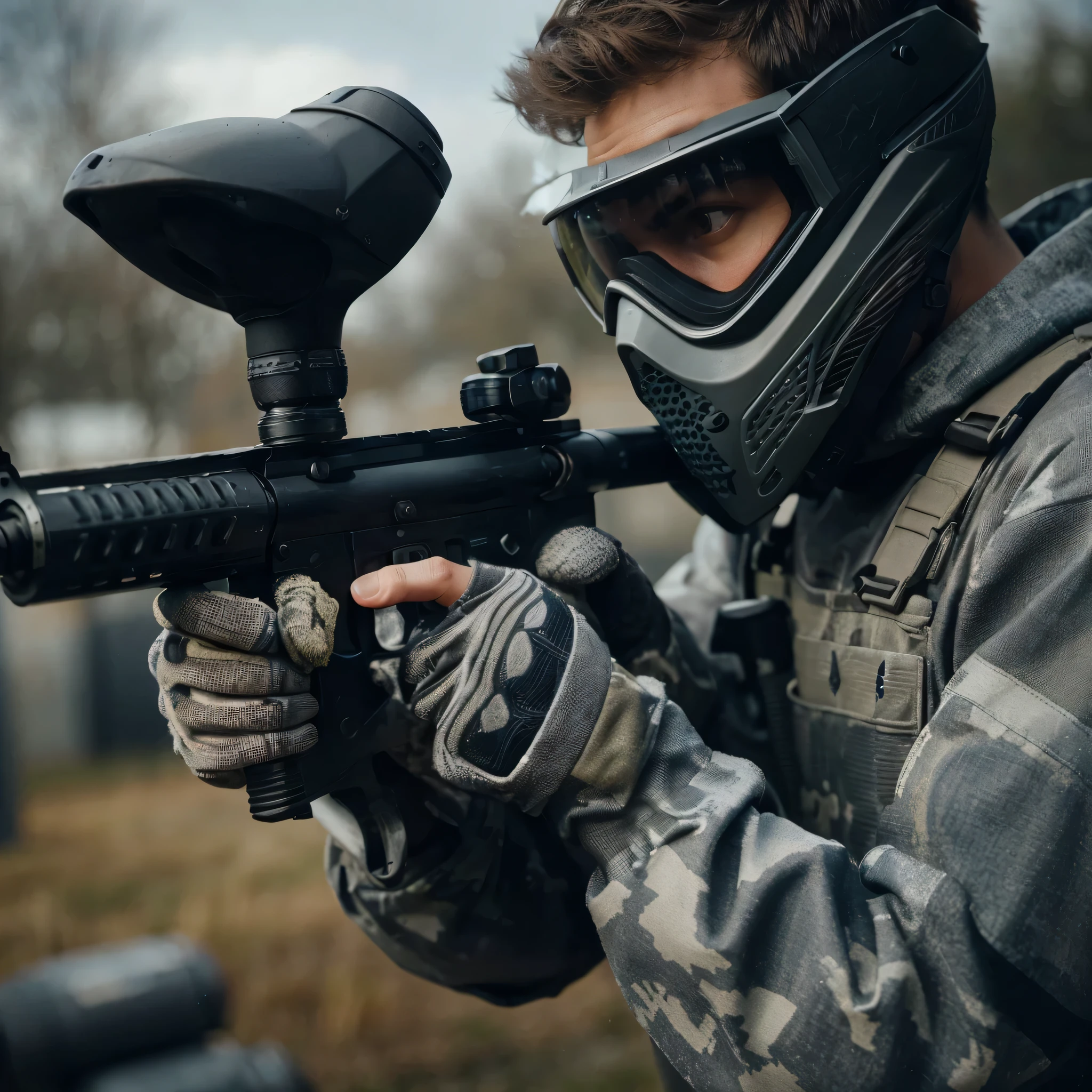 close up image, a man wearing a gray paintball uniform, wearing a goggles helmet, wearing halfface helmet, holding a paintball rifle, the man is shooting at his enemies in the paintball arena, the blurry background shows the atmosphere of a paintball arena in a field, realistic, cinematic, very detailed, very complex