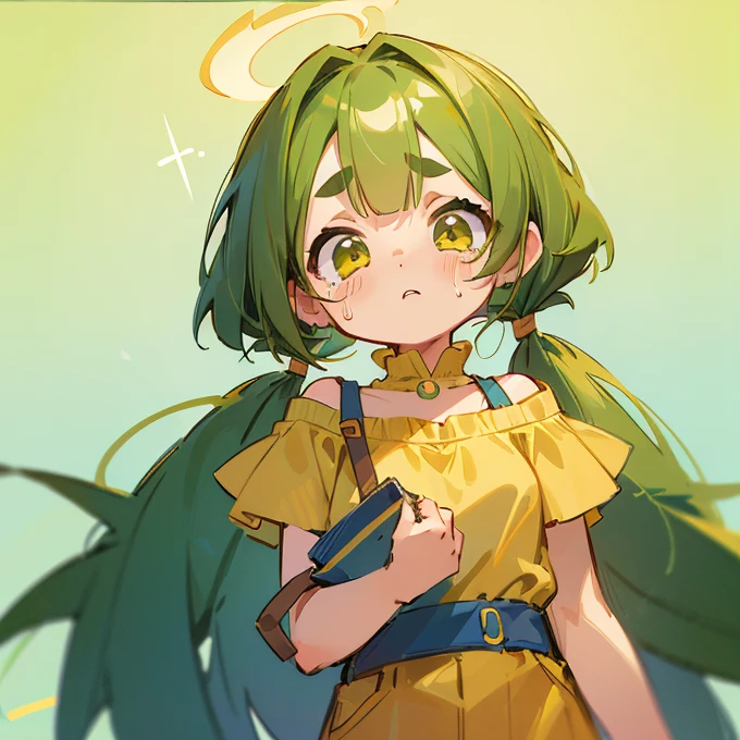 (masterpiece, Highest quality:1.2), (2 head body chibi character:1.1), Yellow-green hair, Twin tail hair, Top of the head, Yellow-green eyes, Wink, Yellow off-shoulder blouse, Denim shorts, Short bangs, Thick eyebrows, Round necklace, A gentle atmosphere, Are crying, View your viewers, (Photo studio with blue background:1.0)