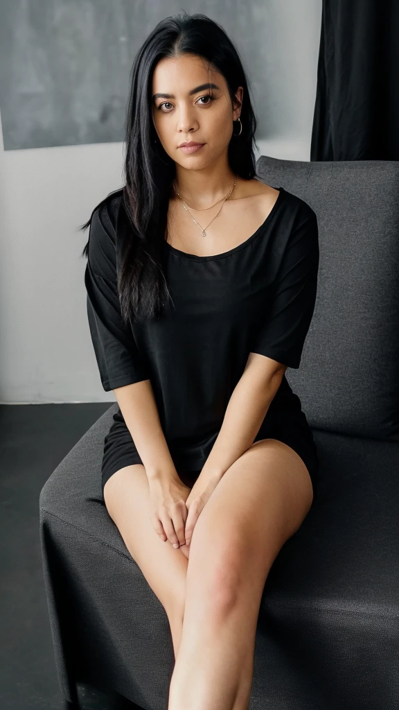 there is a Malaysia woman sitting on a bed with a black dress,