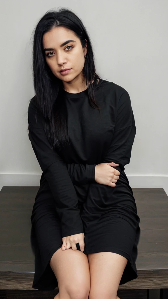 there is a woman sitting on a table with a black shirt, sitting on a table, wearing black tshirt, crossed legs, thick legs, sitting on the table, thick thighs, wearing in black clothes, wearing a black tshirt, she is wearing a black dress, sexy look, with straight black hair, on her throne, wearing a black t-shirt, black outfit