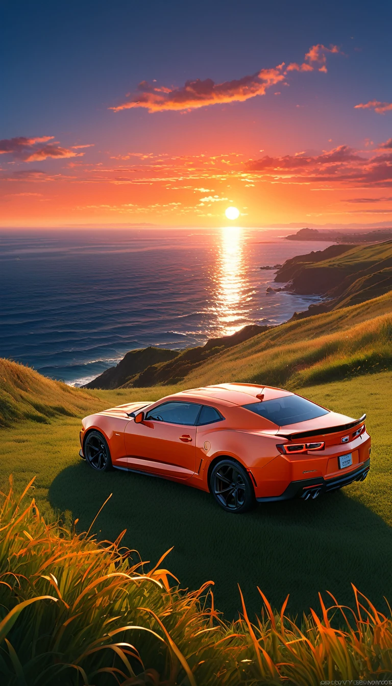 High quality, 8K Ultra HD. The image shows (a boy) next to an anime ZL1 Camaro looking at the ocean at sunrise from a grassy hill, with a background of vibrant blue sky and red and orange tones of the sun. anime art wallpaper 4k, anime art wallpaper 4K, anime background, anime art wallpaper 8K, anime art background, anime landscape wallpaper, amazing wallpaper, high quality wallpaper definition,4k animated wallpaper,4k animated wallpaper,Aries Moross art,Bob Byerley art,AshleyWoodArtAI,greg rutkowski