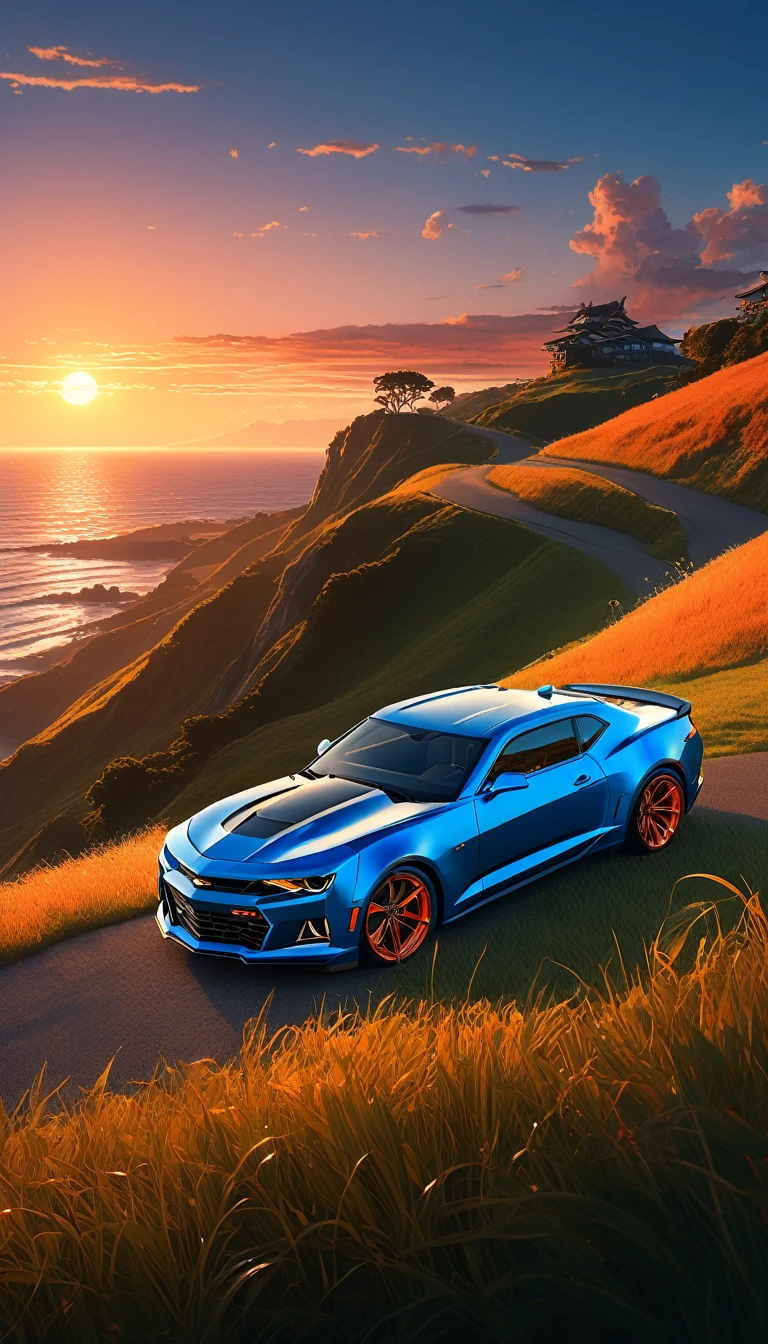 High quality, 8K Ultra HD. The image shows (a boy) next to an anime ZL1 Camaro looking at the ocean at sunrise from a grassy hill, with a background of vibrant blue sky and red and orange tones of the sun. anime art wallpaper 4k, anime art wallpaper 4K, anime background, anime art wallpaper 8K, anime art background, anime landscape wallpaper, amazing wallpaper, high quality wallpaper definition,4k animated wallpaper,4k animated wallpaper,Aries Moross art,Bob Byerley art,AshleyWoodArtAI,greg rutkowski