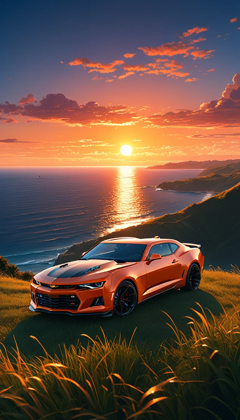 High quality, 8K Ultra HD. The image shows (a boy) next to an anime ZL1 Camaro looking at the ocean at sunrise from a grassy hill, with a background of vibrant blue sky and red and orange tones of the sun. anime art wallpaper 4k, anime art wallpaper 4K, anime background, anime art wallpaper 8K, anime art background, anime landscape wallpaper, amazing wallpaper, high quality wallpaper definition,4k animated wallpaper,4k animated wallpaper,Aries Moross art,Bob Byerley art,AshleyWoodArtAI,greg rutkowski