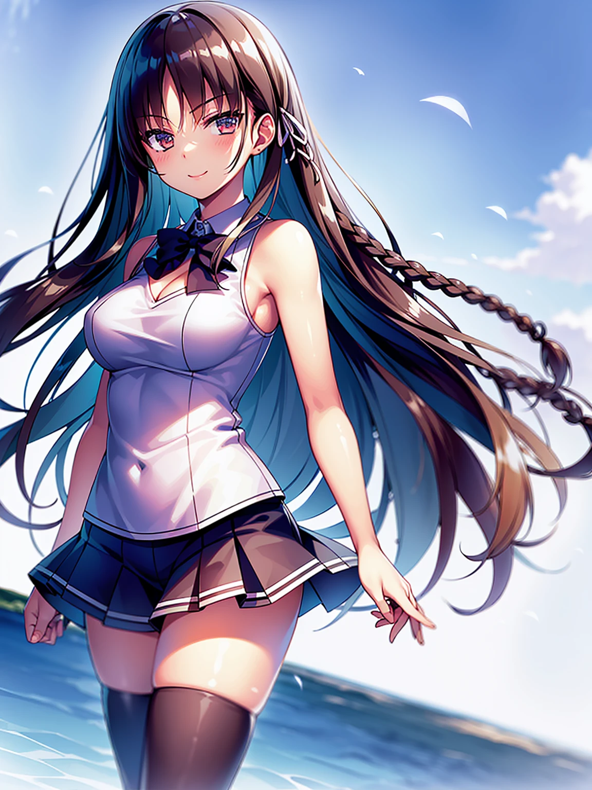 (8K, Highest quality, Highest quality, masterpiece), standing, 1girl, fullbody, solo, cowboy shot, aasuzune, long hair, black hair, (single braid:1.2), hair loose in the wind, leafs in the air, summer ambient, mini top, black thighhighs, smile, Denim short shorts, school, outdoors, large breasts, cleavage