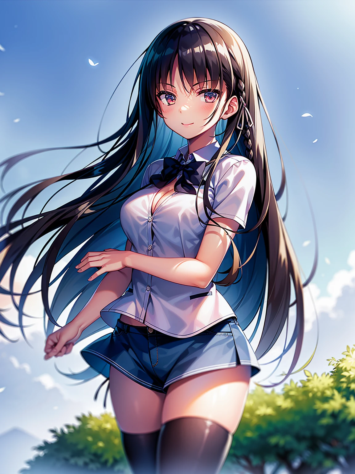 (8K, Highest quality, Highest quality, masterpiece), standing, 1girl, fullbody, solo, cowboy shot, aasuzune, long hair, black hair, (single braid:1.2), hair loose in the wind, leafs in the air, summer ambient, mini top, black thighhighs, smile, Denim short shorts, school, outdoors, large breasts, cleavage