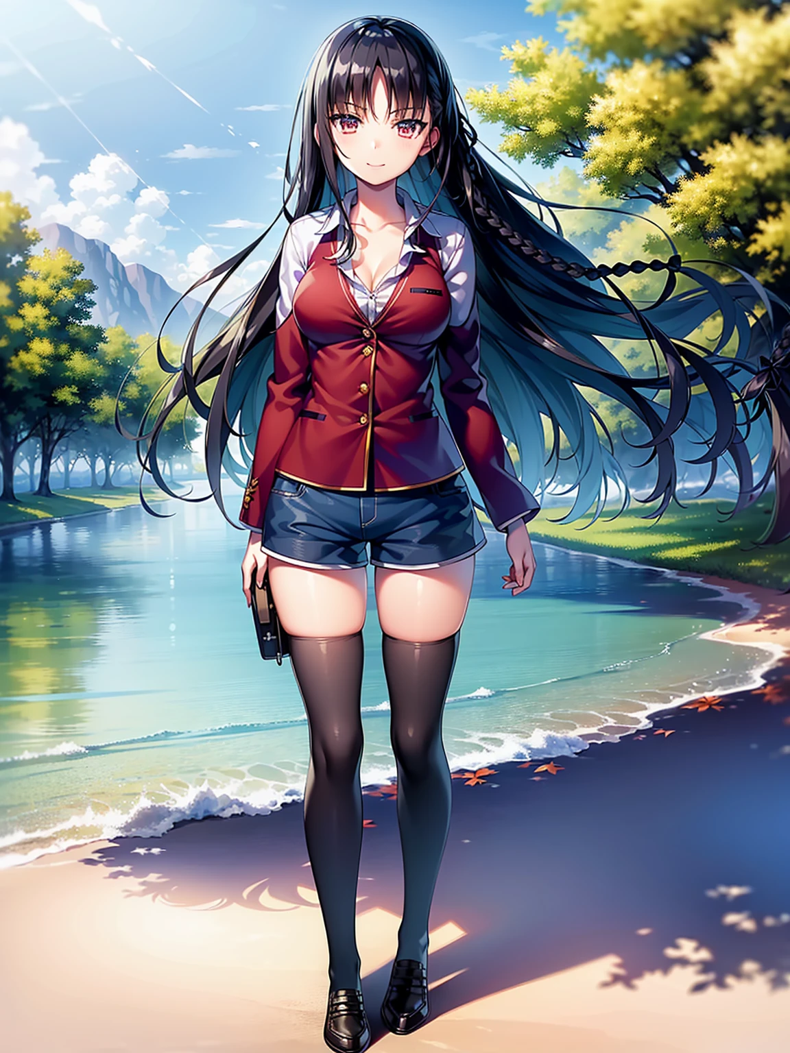 (8K, Highest quality, Highest quality, masterpiece), standing, 1girl, fullbody, solo, cowboy shot, aasuzune, long hair, black hair, (single braid:1.2), hair loose in the wind, leafs in the air, summer ambient, mini top, black thighhighs, smile, Denim short shorts, school, outdoors, large breasts, cleavage