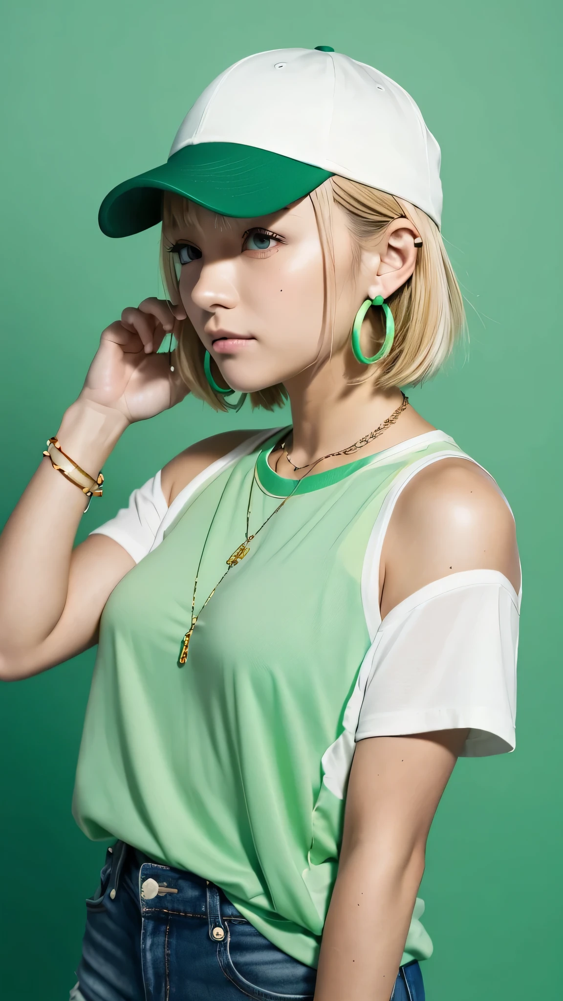 Tetsuya Nomura, masterpiece, highest quality, 1 girl, aqua eye, baseball cap, blonde hair, closed mouth, earrings, 
green background, have, hoop earrings, jewelry, 
looking at the viewer, shirt, short hair, simple background, alone, Upper body, yellow shirt 