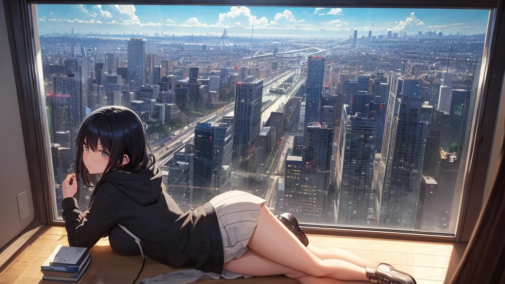 Absurd, Ultra-high resolution, (Official Art, beautifully、mysterious:1.2), Correct human body composition, Striking eyes, Oversized hoodie and short skirt, Shiny black hair, Larger than average bust, Girl listening to music with headphones, Looking out the window, Coffee on the desk, lo-fi girl, Makoto Shinkai and Artgelm, Anime atmosphere, Lofi Art Style, Anime style 8k, Anime Aesthetics, Lo-fi feel, Anime Art Wallpapers 8K, An atmosphere of praise, City Room, age Girl's Room, A room for music lovers, city view from the window, Impressive cityscape, Bright sky